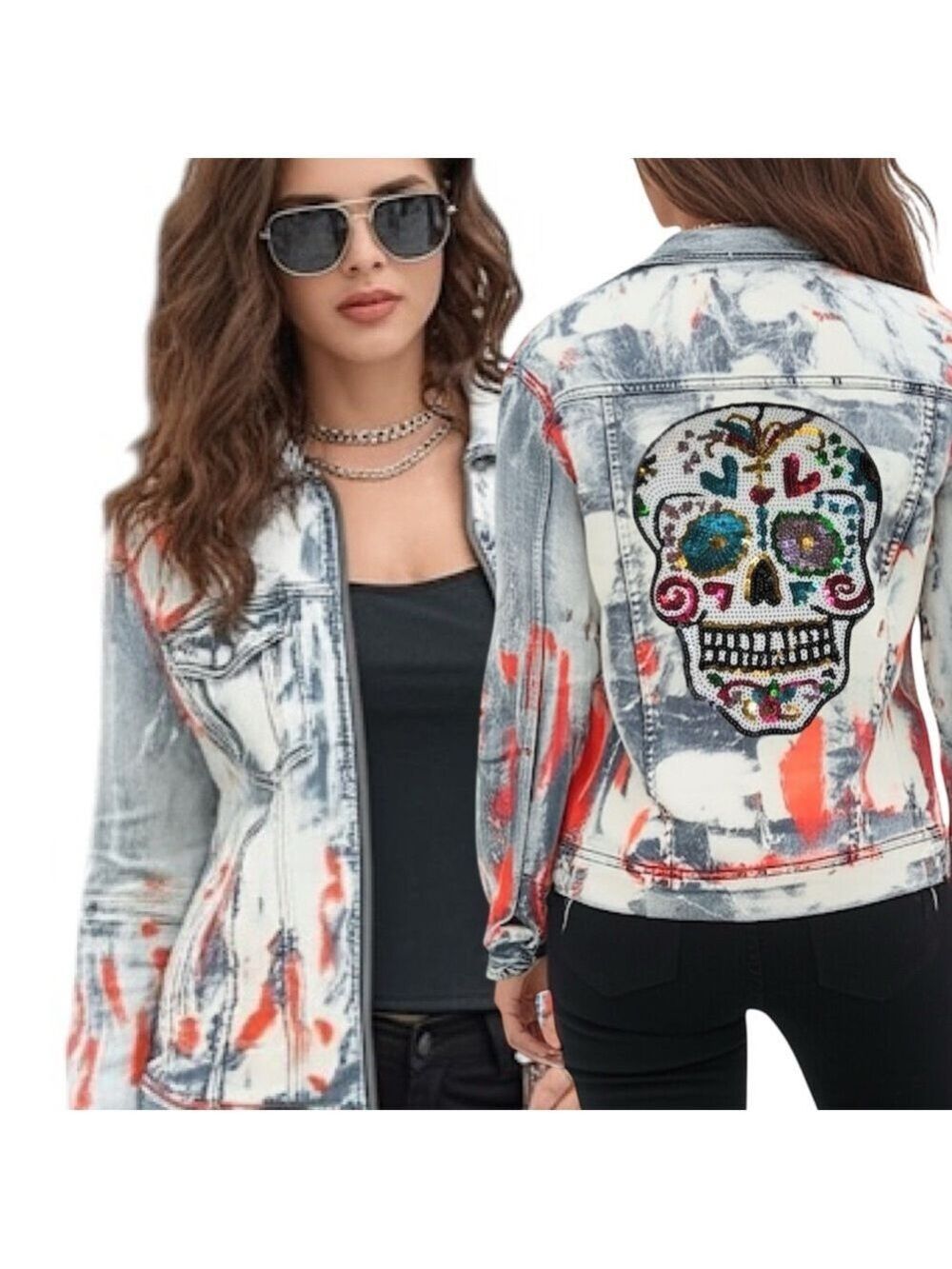 Your Adventure Oversized Sequin Sugar Skull Denim Jacket Customize with Travel!